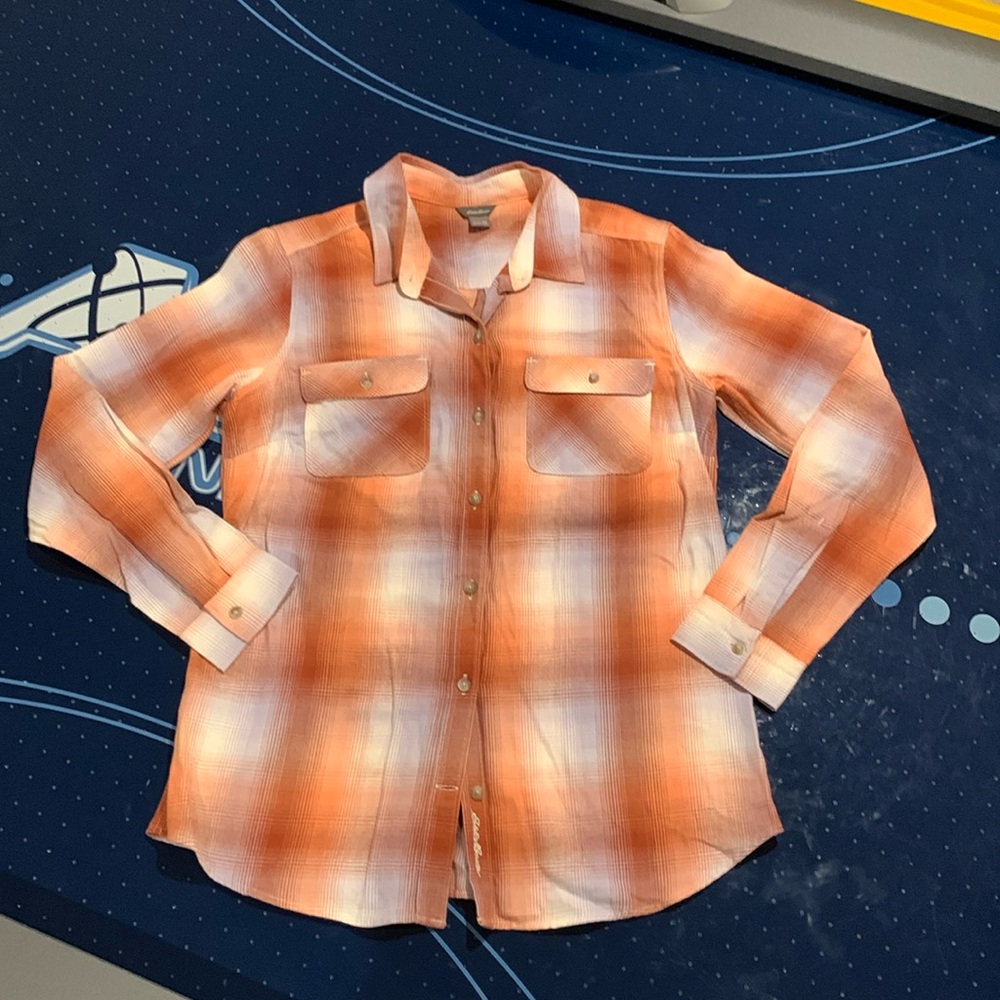 Eddie Bauer Shirt Medium Flannel Orange Plaid Long Sleeve. #89